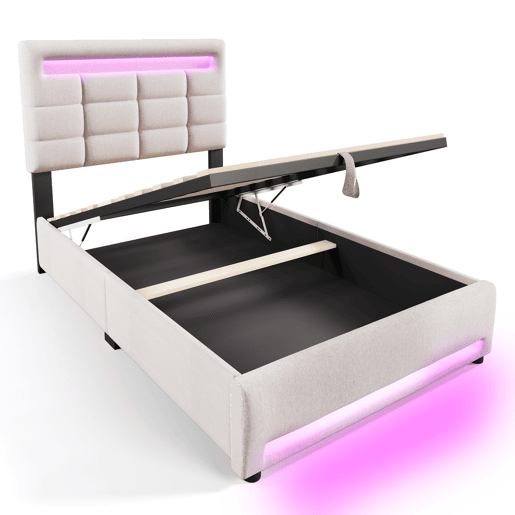 Cama estofada, 90x200 cm - Com controlo remoto APP, com luzes LED, armazenamento hidráulico, com porta USB - Bege