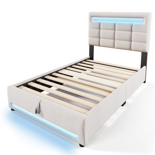 Cama estofada, 90x200 cm - Com controlo remoto APP, com luzes LED, armazenamento hidráulico, com porta USB - Bege