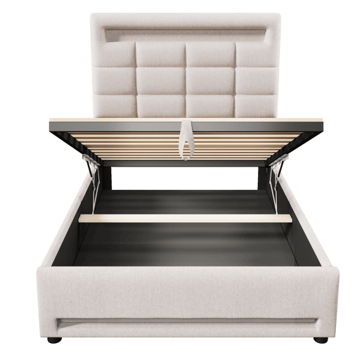 Cama estofada, 90x200 cm - Com controlo remoto APP, com luzes LED, armazenamento hidráulico, com porta USB - Bege