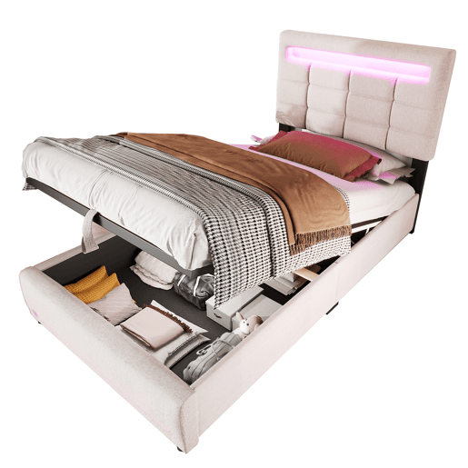 Cama estofada, 90x200 cm - Com controlo remoto APP, com luzes LED, armazenamento hidráulico, com porta USB - Bege
