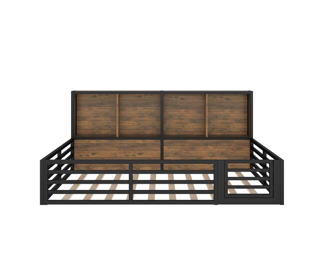 Cama plataforma 140x200cm - con almacenamiento, con somier, sin colchón, con barandilla - negro