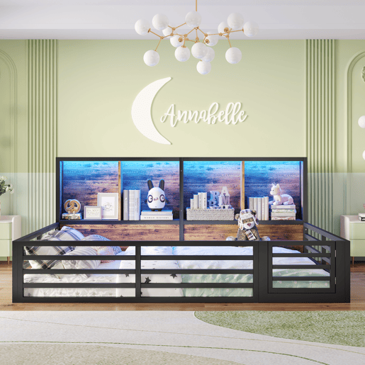 Cama plataforma 140x200cm - Com arrumação, com estrado, sem colchão, com grade - Preto