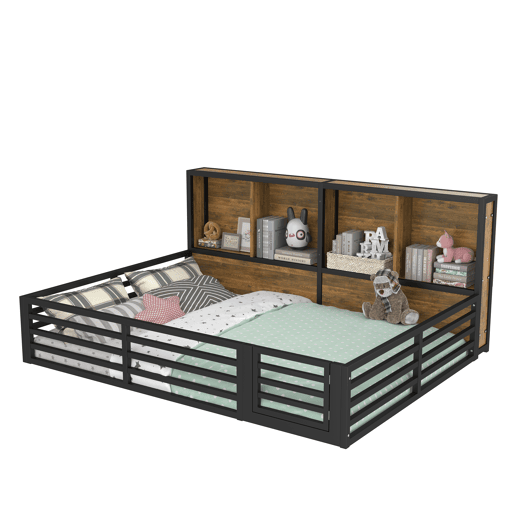 Cama plataforma 140x200cm - Com arrumação, com estrado, sem colchão, com grade - Preto