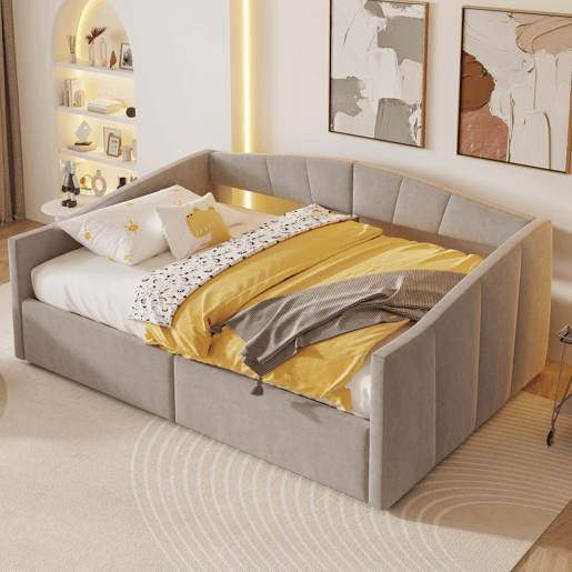 Sofá-cama 140 x 200 cm - Com armazenamento hidráulico, com estrado e apoios de braços, riscas clássicas, multifuncional, tecido veludo, cinzento claro