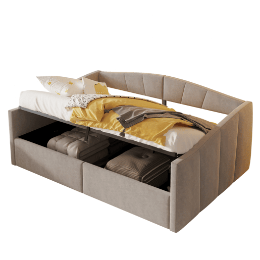 Sofá-cama 140 x 200 cm - Com armazenamento hidráulico, com estrado e apoios de braços, riscas clássicas, multifuncional, tecido veludo, cinzento claro