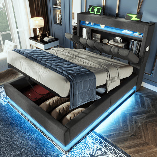 Cama estofada 90x200 cm - Cabeceira com arrumação, portas USB e tipo C, iluminação LED, arrumação hidráulica - Cinza