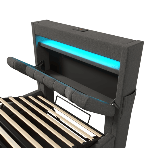 Cama estofada 90x200 cm - Cabeceira com arrumação, portas USB e tipo C, iluminação LED, arrumação hidráulica - Cinza