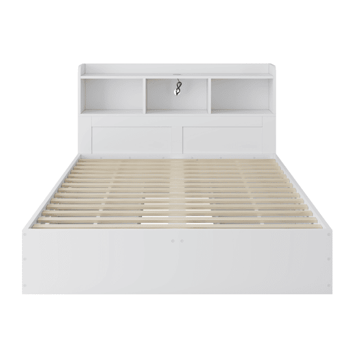 Cama de casal 140x200 - com cabeceira, 2 mesas de cabeceira removíveis, prateleiras, carregamento sem fios e USB, gavetas - branco