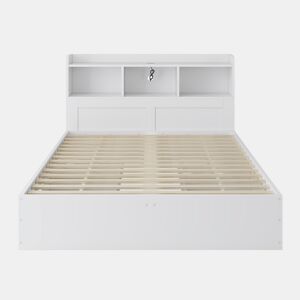 Cama de casal 140x200 - com cabeceira, 2 mesas de cabeceira removíveis, prateleiras, carregamento sem fios e USB, gavetas - branco