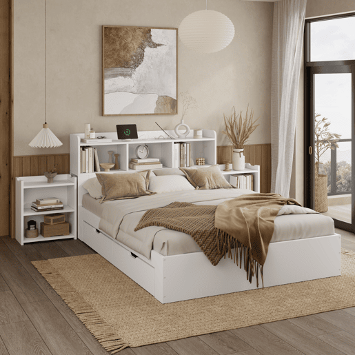 Cama de casal 140x200 - com cabeceira, 2 mesas de cabeceira removíveis, prateleiras, carregamento sem fios e USB, gavetas - branco