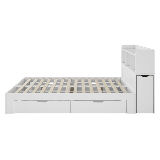 Cama de casal 140x200 - com cabeceira, 2 mesas de cabeceira removíveis, prateleiras, carregamento sem fios e USB, gavetas - branco