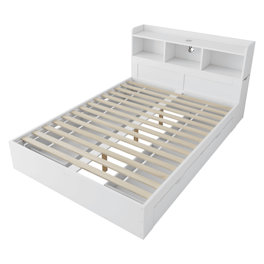 Cama de casal 140x200 - com cabeceira, 2 mesas de cabeceira removíveis, prateleiras, carregamento sem fios e USB, gavetas - branco