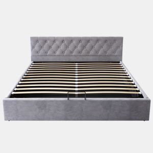 Cama estofada 180x200 cm - Cabeceira capitoné, Cama de casal, Cama hidráulica com arrumação, Estrado, Cinza