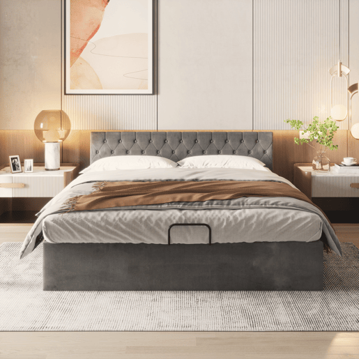 Cama estofada 180x200 cm - Cabeceira capitoné, Cama de casal, Cama hidráulica com arrumação, Estrado, Cinza