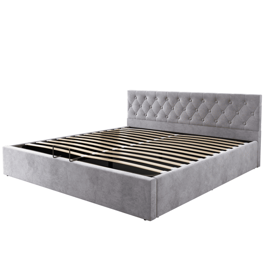 Cama estofada 180x200 cm - Cabeceira capitoné, Cama de casal, Cama hidráulica com arrumação, Estrado, Cinza