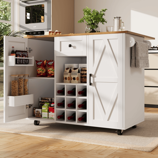 Ilha de cozinha moderna - Armário de cozinha - Móvel buffet - Carrinho de cozinha com acabamento em madeira - Mesa multifuncional com arrumação - Carrinho de cozinha com prateleiras para snacks e armários com função extensível - Branco