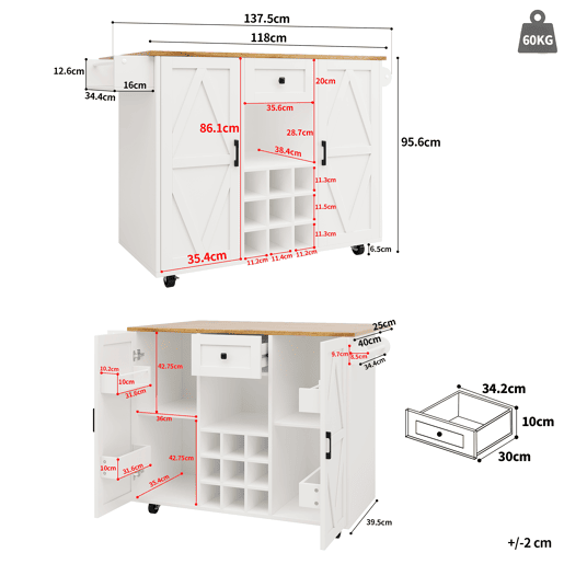 Ilha de cozinha moderna - Armário de cozinha - Móvel buffet - Carrinho de cozinha com acabamento em madeira - Mesa multifuncional com arrumação - Carrinho de cozinha com prateleiras para snacks e armários com função extensível - Branco