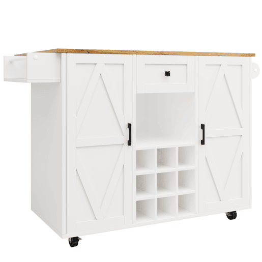Ilha de cozinha moderna - Armário de cozinha - Móvel buffet - Carrinho de cozinha com acabamento em madeira - Mesa multifuncional com arrumação - Carrinho de cozinha com prateleiras para snacks e armários com função extensível - Branco