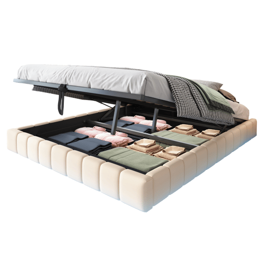 Cama estofada 160x200 cm - Estrutura flutuante hidráulica com arrumação, cama multifuncional sem cabeceira com luzes LED - Bege