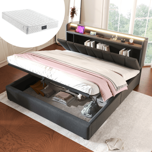 Cama estofada 140x200cm - Função de carregamento USB, cabeceira, iluminação LED, 4 gavetas, estrutura em madeira - Cinza