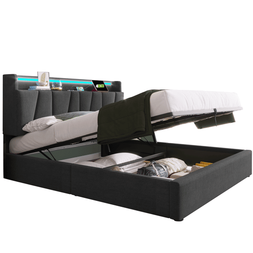 Cama estofada 140x200cm - Função de carregamento USB, cabeceira, iluminação LED, 4 gavetas, estrutura em madeira - Cinza