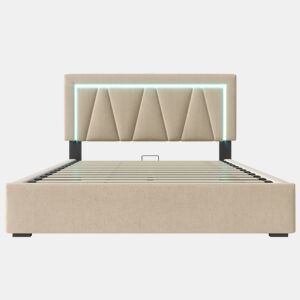 Cama de casal 140x200 cm - Cama com arrumação, LED, USB Tipo C, estrutura em linho - Cinza