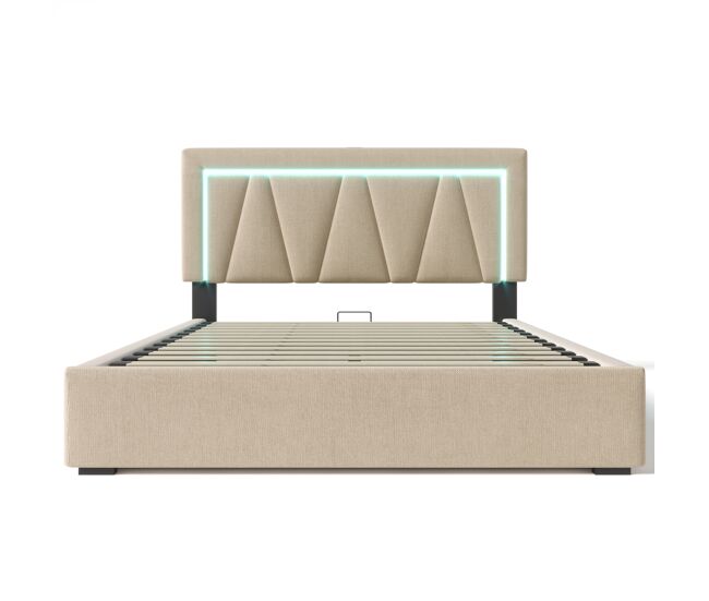 Cama doble 140x200 cm - cama con almacenamiento, led, usb tipo c, estructura de lino - gris