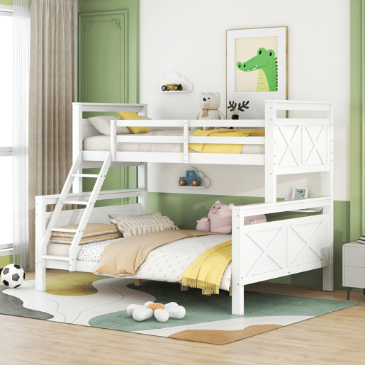 Beliche de madeira 90(140)x200 cm - com escada e corrimão de segurança, convertível em 2 camas separadas - branco