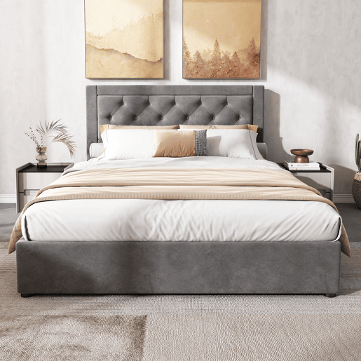 Cama estofada 140*200 - com arrumação, cabeceira acolchoada, estilo Chesterfield - cinzento