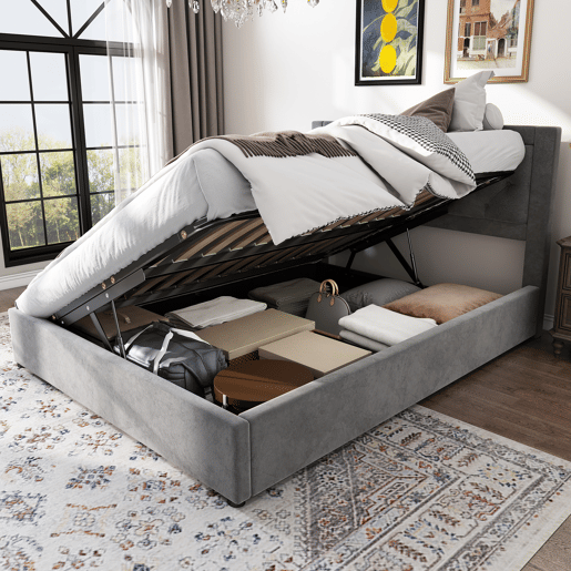 Cama estofada 140*200 - com arrumação, cabeceira acolchoada, estilo Chesterfield - cinzento