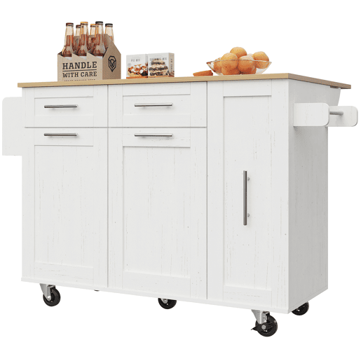 Ilha de cozinha moderna - Armário de cozinha, aparador, carrinho de refeições em madeira, mesa multifuncional com arrumação - Branco