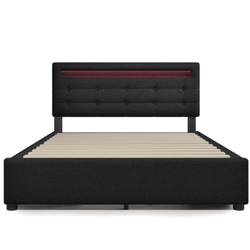 Cama estofada 140x200 cm - Com iluminação LED, 4 gavetas, cabeceira ajustável, estrado de madeira - Preto