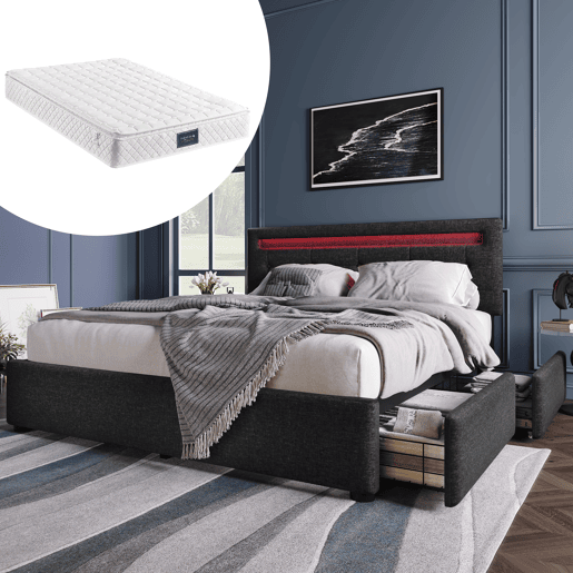 Cama estofada 140x200 cm - Com iluminação LED, 4 gavetas, cabeceira ajustável, estrado de madeira - Preto
