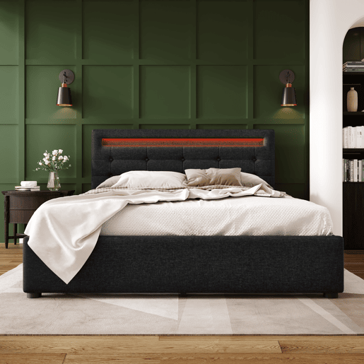 Cama estofada 140x200 cm - Com iluminação LED, 4 gavetas, cabeceira ajustável, estrado de madeira - Preto