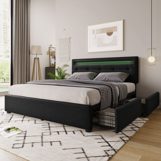 Cama estofada 140x200 cm - Com iluminação LED, 4 gavetas, cabeceira ajustável, estrado de madeira - Preto