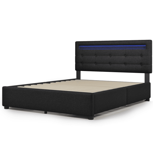 Cama estofada 140x200 cm - Com iluminação LED, 4 gavetas, cabeceira ajustável, estrado de madeira - Preto