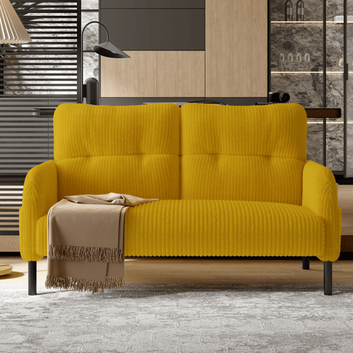 Sofá de 2 lugares - com estofamento confortável, encosto alto e bolsos laterais - Amarelo Sofá de 2 lugares - com estofamento confortável, encosto alto e bolsos laterais - Amarelo