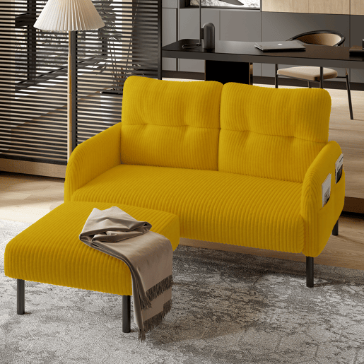 Sofá de 2 lugares - com estofamento confortável, encosto alto e bolsos laterais - Amarelo Sofá de 2 lugares - com estofamento confortável, encosto alto e bolsos laterais - Amarelo