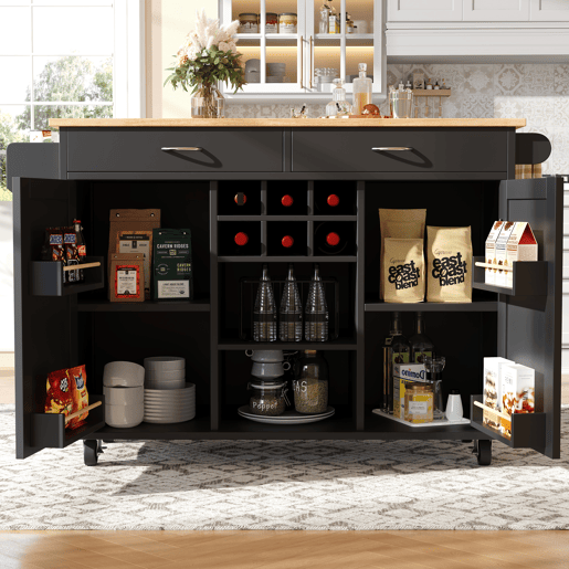 Ilha de cozinha moderna 102x45x92 cm - Móvel de cozinha, carrinho de buffet, mesa de jantar multifuncional com arrumação - Preto