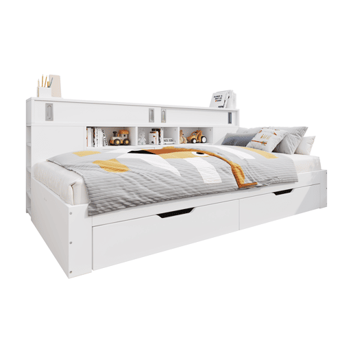 Cama infantil tipo sofá-cama 90x200 - individual multifuncional com gavetas, estante e arrumação - branco