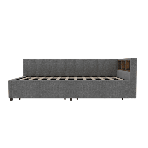 Cama de dia 90x200 cm - Sofá-cama, com arrumação, USB+Tipo C, luz LED com comando, 2 gavetas, com estrado - Cinza
