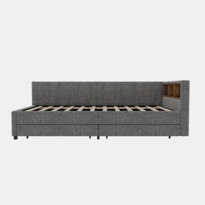 Cama de dia 90x200 cm - Sofá-cama, com arrumação, USB+Tipo C, luz LED com comando, 2 gavetas, com estrado - Cinza