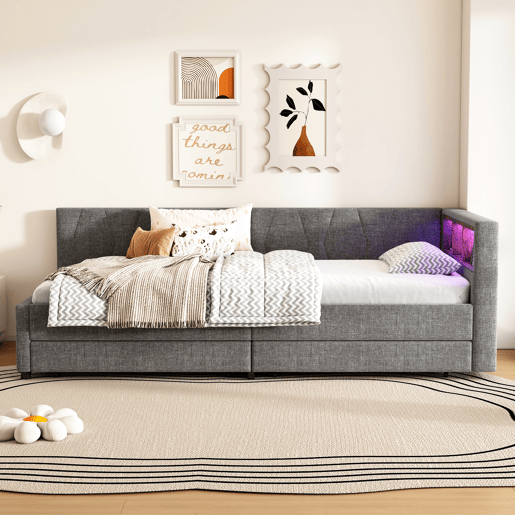 Cama de dia 90x200 cm - Sofá-cama, com arrumação, USB+Tipo C, luz LED com comando, 2 gavetas, com estrado - Cinza