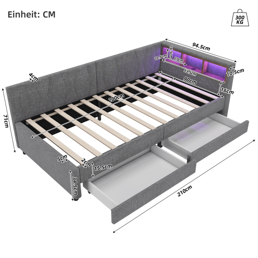Cama de dia 90x200 cm - Sofá-cama, com arrumação, USB+Tipo C, luz LED com comando, 2 gavetas, com estrado - Cinza