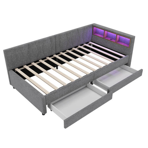 Cama de dia 90x200 cm - Sofá-cama, com arrumação, USB+Tipo C, luz LED com comando, 2 gavetas, com estrado - Cinza