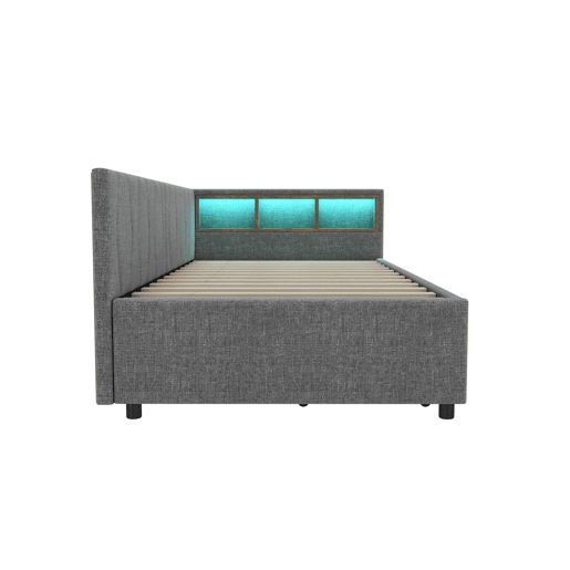 Cama de dia 90x200 cm - Sofá-cama, com arrumação, USB+Tipo C, luz LED com comando, 2 gavetas, com estrado - Cinza