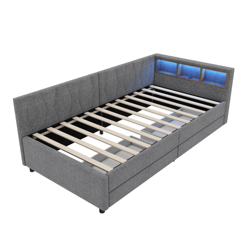 Cama de dia 90x200 cm - Sofá-cama, com arrumação, USB+Tipo C, luz LED com comando, 2 gavetas, com estrado - Cinza