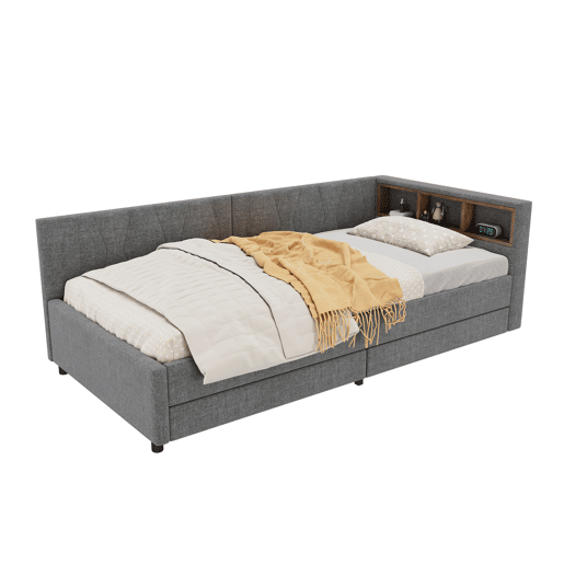 Cama de dia 90x200 cm - Sofá-cama, com arrumação, USB+Tipo C, luz LED com comando, 2 gavetas, com estrado - Cinza