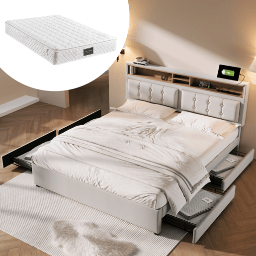 Cama estofada 140x200cm - Com 4 gavetas, tomada USB C, cabeceira ajustável, estrado de madeira (com colchão) - Bege