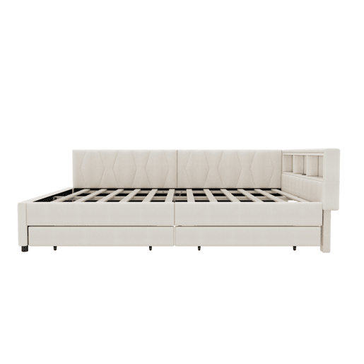 Cama de dia 140x200 cm - Sofá-cama, Prateleira na cama, USB + Tipo C, Controlo remoto para luz LED ambiente, Cama com duas gavetas, Cama com estrado (sem colchão) - Bege